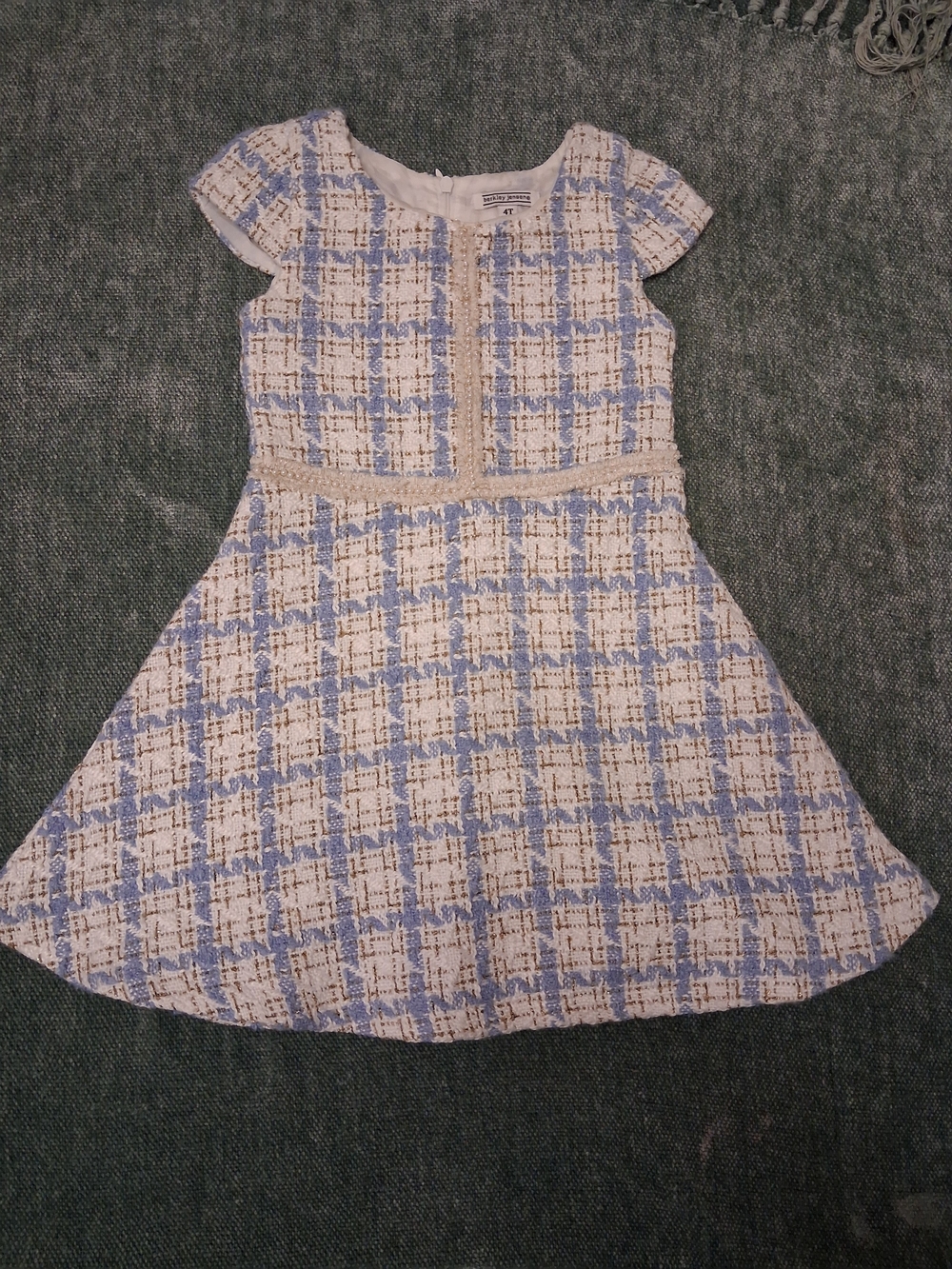 Girls Blue and Cream Plaid Tweed Fit-and-Flare Dress